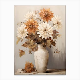 Dahlia, Autumn Fall Flowers Sitting In A White Vase, Farmhouse Style 4 Canvas Print