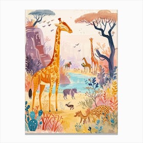 Giraffe With Other Animals By The Lake 1 Canvas Print
