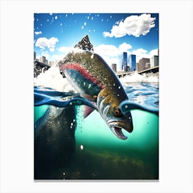 Rainbow Trout in Calgary Cityscape - Fish Jumping In The Water Canvas Print