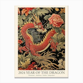 Lunar Year Of The Dragon 2024 Wall Art Print Poster Framed, Dragon Art Chinese Zodiac With Flowers Canvas Print