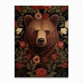 Brown Bear Portrait With Rustic Flowers 1 Canvas Print