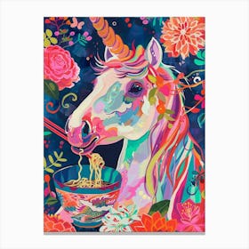 Unicorn Eating Ramen Floral Painting Canvas Print