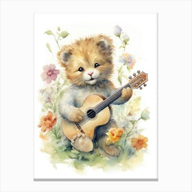 Playing Music Watercolour Lion Art Painting 2 Canvas Print