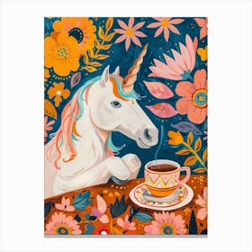 Floral Fauvism Style Unicorn Drinking Coffee 3 Canvas Print