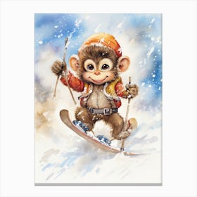 Monkey Painting Skiing Watercolour 3 Canvas Print