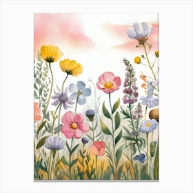 A Watercolor Illustration Of A Field Of Wildflowers Canvas Print