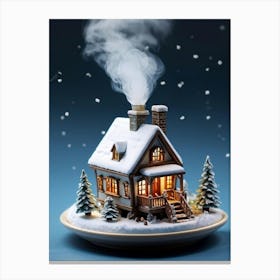 Miniature Winter Cottage Nestled Inside A Steaming Cup Delicate Smoke Whimsically Rising To Reveal Canvas Print