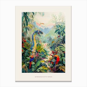 Dinosaur With Wild Birds Colourful Poster Canvas Print