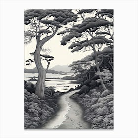Iriomote Island In Okinawa, Ukiyo E Black And White Line Art Drawing 1 Canvas Print