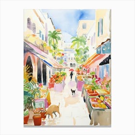 Food Market With Cats In Monaco 2 Watercolour Canvas Print