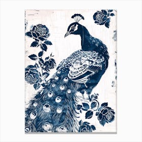 Navy Linocut Inspired Peacock With The Roses 3 Canvas Print