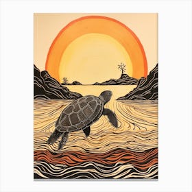 Delicate Line Drawing Of Sea Turtle And Sunset Warm Tones Canvas Print