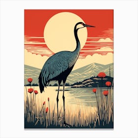 Vintage Bird Linocut Crane 2 Canvas Print