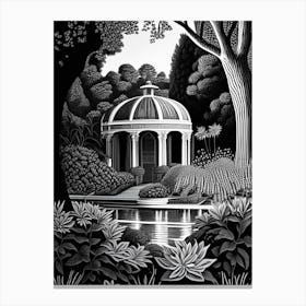 Chiswick House Gardens, United Kingdom Linocut Black And White Vintage Canvas Print
