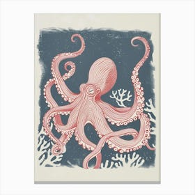 Linocut Inspired Navy Red Octopus With Coral 7 Canvas Print