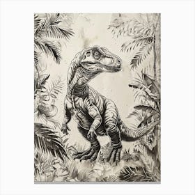 Nodosaurus Dinosaur In The Leaves Black Ink Illustration Canvas Print