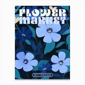 Nottingham city print flower market poster in dark blues, retro aesthetic floral illustration with 70s style typography, vintage travel prints perfect for eclectic living rooms, bedrooms, kitchens, entryways Canvas Print