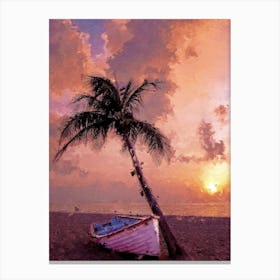 Boat On The Beach Near The Palm Tree Oil Painting Landscape Canvas Print
