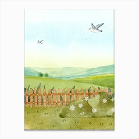 Seagulls Flying Over Fence Watercolor Canvas Print