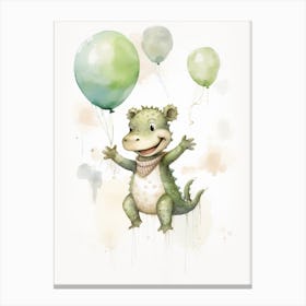 Baby Crocodile Flying With Ballons, Watercolour Nursery Art 3 Canvas Print