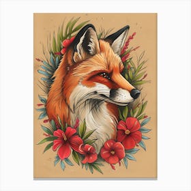Amazing Red Fox With Flowers 19 Canvas Print