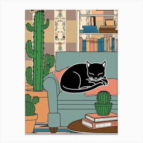 Cat On Couch With Cactus Canvas Print