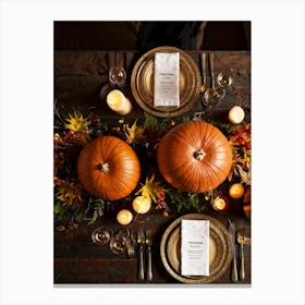 Autumnal Thanksgiving Table Setting Centering An Organic Pumpkin Surrounded By A Bounty Of Golden (5) Canvas Print