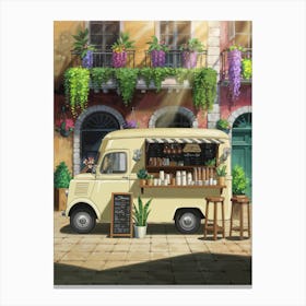 Anime Canvas Art: Sunlit Coffee Truck with Vibrant Colors, European Buildings, and Lush Greenery, Perfect for Lofi Aesthetic and Market Scene Art Fans. Canvas Print