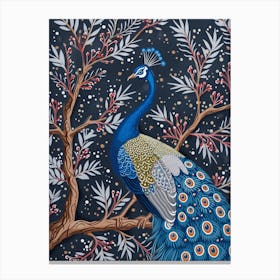 Folky Floral Peacock On A Tree Branch 3 Canvas Print