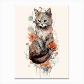 Abstract Inks Watercolor Cat With Flowers Canvas Print