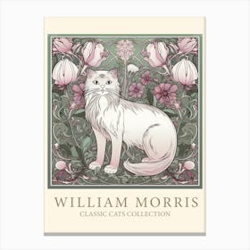 William Morris  Inspired  Classic Cats White Cat Sage And Pink Canvas Print