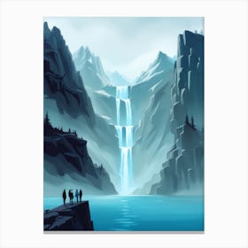 Surreal Traveller Figures Stand Looking At Magical Lake Hidden In Cold Mountains Canvas Print