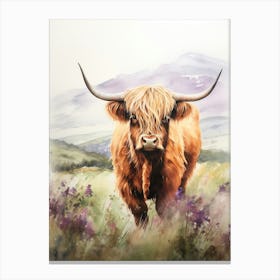 Watercolour Highland Cow With Purple Wildflowers Canvas Print