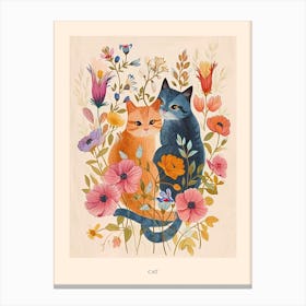 Folksy Floral Animal Drawing Cat 9 Poster Canvas Print