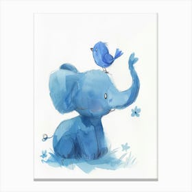 Small Joyful Elephant With A Bird On Its Head 14 Canvas Print