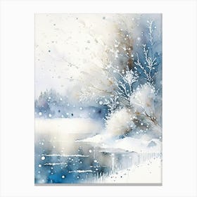 Snowflakes Falling By A Lake, Snowflakes, Storybook Watercolours 4 Canvas Print