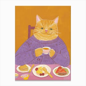 Happy Orange Cat Having Breakfast Folk Illustration 2 Canvas Print