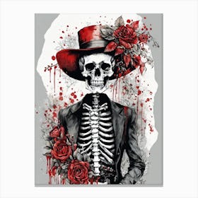 Floral Skeleton With Hat Ink Painting (20) Canvas Print