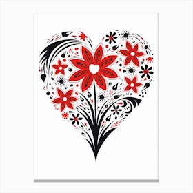 Heart Red & Black Linocut Style White Background 5 Canvas Print