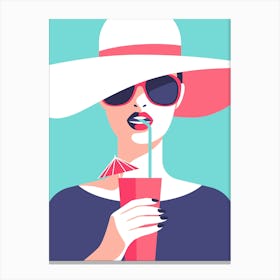 Woman With Hat And Drink Canvas Print