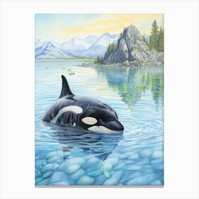 Pencil Crayon Style Illustration Of Orca Whale Coming Out Of Water Canvas Print