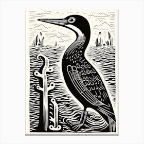 B&W Bird Linocut Cormorant 4 Canvas Print
