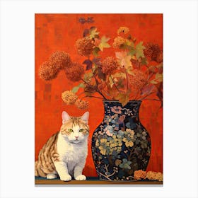 Queen Annes Lace Flower Vase And A Cat, A Painting In The Style Of Matisse 0 Canvas Print