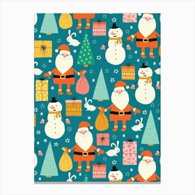 Happy Christmas Forest with Santa, Snowmen, and Rabbits on Teal Blue Canvas Print