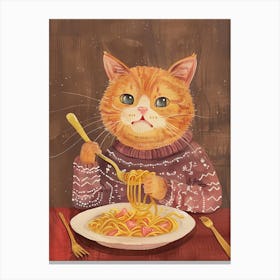 Brown White Cat Eating Pasta Folk Illustration 2 Canvas Print