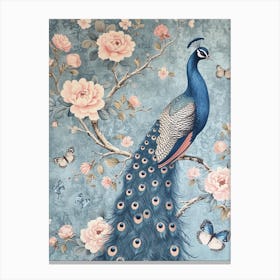 Pastel Peacock With Butterflies Vintage Wallpaper 3 Canvas Print