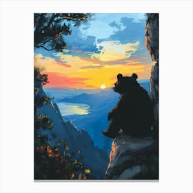 American Black Bear Looking At A Sunset From A Mountain Storybook Illustration 4 Canvas Print