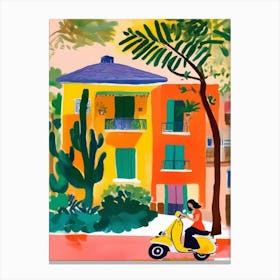 Colorful village, girl on a Vespa Canvas Print