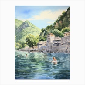 Swimming In Kotor Montenegro Watercolour Canvas Print