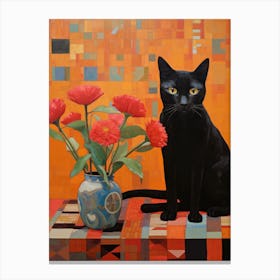 Black Cat With Red Flowers Canvas Print